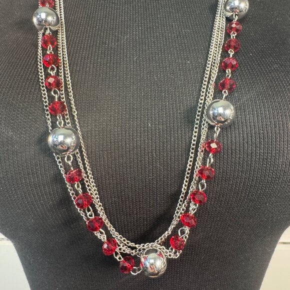 Layered Silver Chain Necklace Red Crystal Beads Silver Tone Spheres 30 Inches - Picture 2 of 3